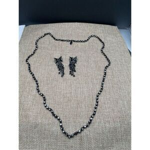 Bundle Set Ann Taylor Rhinestone Black Necklace with Bow Matching Earrings Vinta